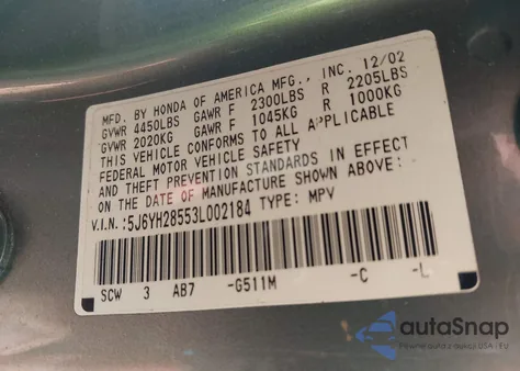 2003 Honda Element Ex z USA, uszkodzony, nr VIN 5J6YH28553L002184